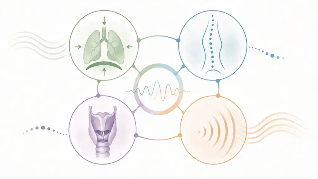 Illustration zum Zusammenspiel von Atmung, Körperhaltung, Kehlkopf und Resonanz bei der Stimmgebung