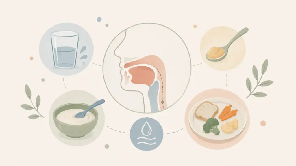 llustration zu Essen, Trinken und Schlucken bei Kindern mit Becher, Löffel und Schlucksymbol