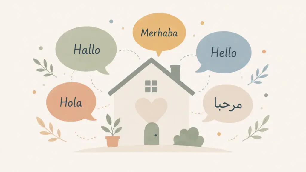 Illustration eines Zuhauses mit mehreren Sprechblasen als Symbol für unterschiedliche Familiensprachen