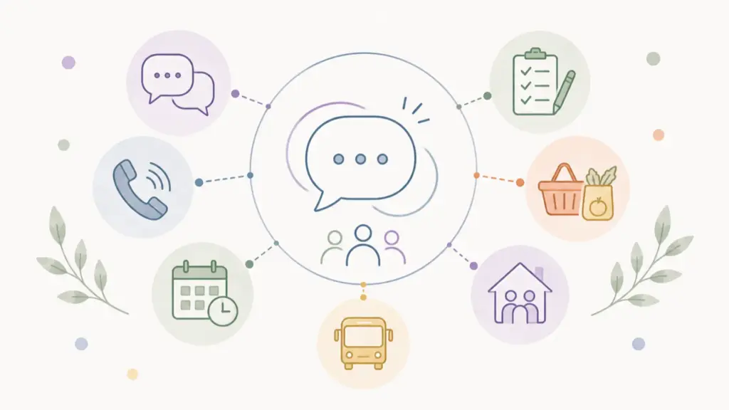 Illustration zur Kommunikation im Alltag mit Symbolen für Gespräch, Telefon, Termine und Einkaufen“