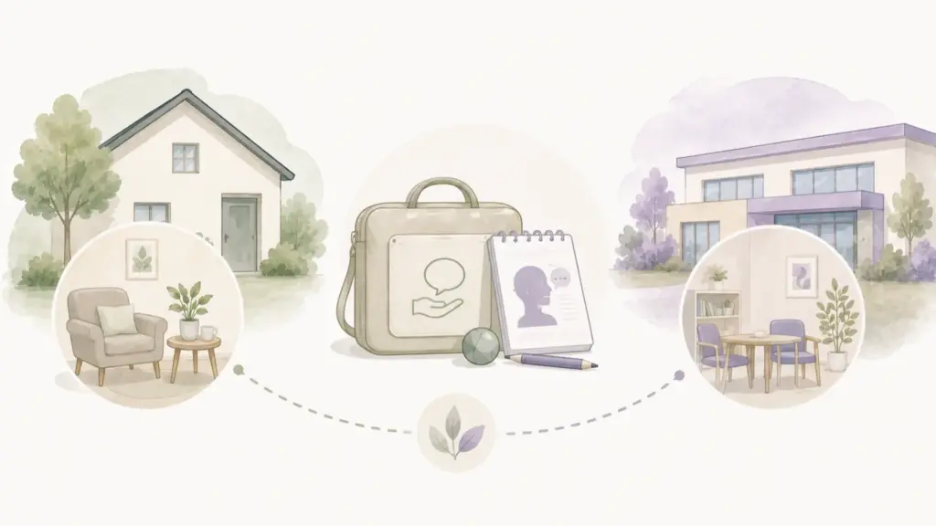 Illustration logopädischer Therapie zu Hause oder in einer wohnortnahen Einrichtung