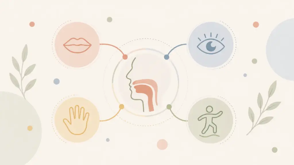 Illustration zur Neurofunktions!therapie mit verbundenen Symbolen für Mundfunktion, Sehen, Handmotorik und Bewegung