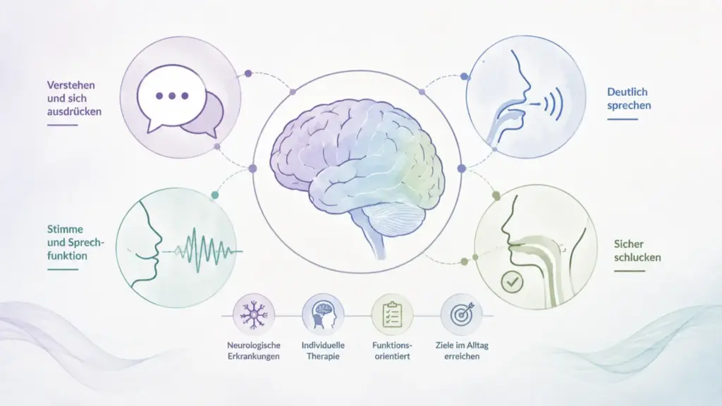 Illustration neurologischer Logopädie mit Symbolen für Gehirn, Sprache, Sprechbewegung und Schlucken